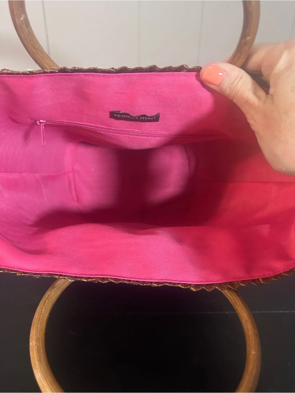 Victoria’s Secret Rhinestone Straw Tote Wooden Handles Pink Lined Beach Bag